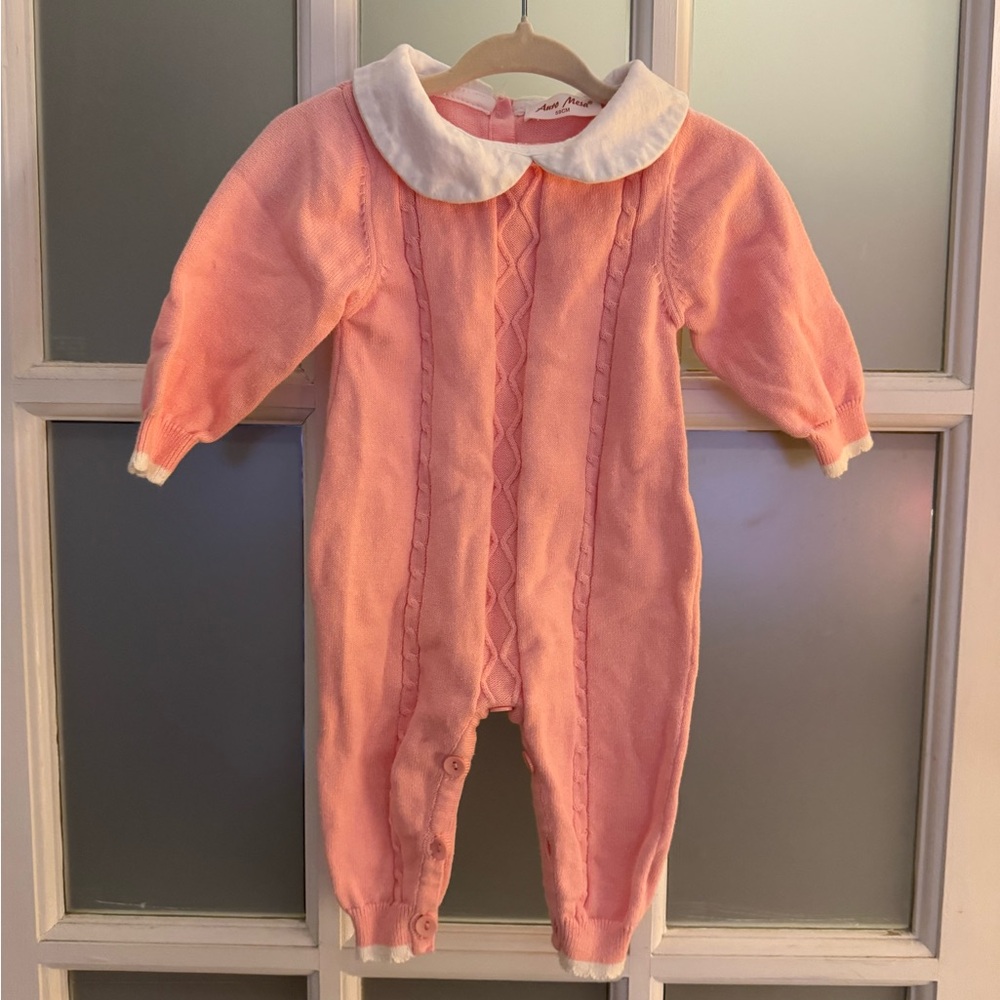 Peach Knit Baby Footie with White Collar